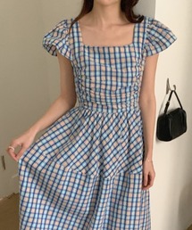 配色チェック柄 フレアスリーブ ウエストリボン ワンピース