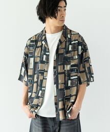 レーヨン総柄プリント半袖オープンカラーシャツ