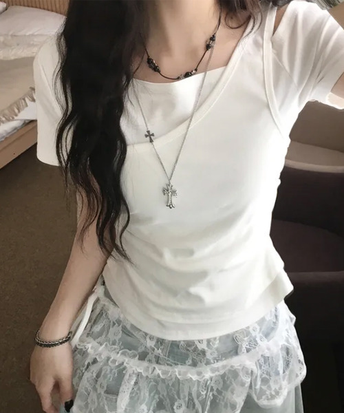 VIVID LADY(ビビッドレディー)の「アシメワンショル レイヤード風 半袖Tシャツ(Tシャツ/カットソー・レディース・グレー/ブラック/ホワイト・FREE)」の18枚目の写真