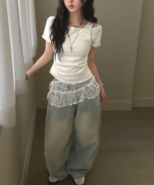 VIVID LADY(ビビッドレディー)の「アシメワンショル レイヤード風 半袖Tシャツ(Tシャツ/カットソー・レディース・グレー/ブラック/ホワイト・FREE)」の19枚目の写真