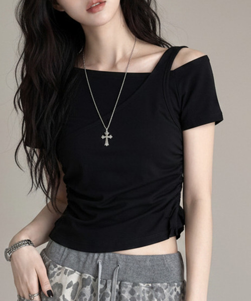 VIVID LADY(ビビッドレディー)の「アシメワンショル レイヤード風 半袖Tシャツ(Tシャツ/カットソー・レディース・グレー/ブラック/ホワイト・FREE)」の13枚目の写真