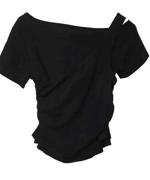 VIVID LADY(ビビッドレディー)の「アシメワンショル レイヤード風 半袖Tシャツ(Tシャツ/カットソー・レディース・グレー/ブラック/ホワイト・FREE)」の6枚目の写真