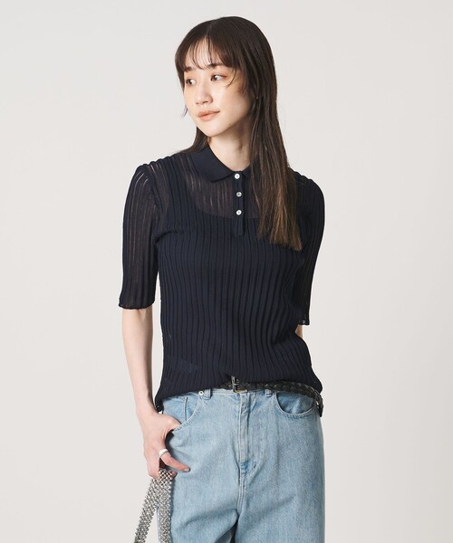 UNITED ARROWS(ユナイテッドアローズ)の「シアー リブ ポロニット ‐ウォッシャブル‐(ニット/セーター・レディース・クリーム/オフホワイト/ネイビー・FREE)」の3枚目の写真