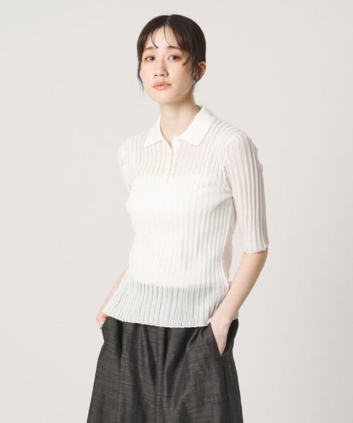 UNITED ARROWS(ユナイテッドアローズ)の「シアー リブ ポロニット ‐ウォッシャブル‐(ニット/セーター・レディース・クリーム/オフホワイト/ネイビー・FREE)」の2枚目の写真