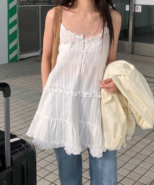 HAILY(ヘイリー)の「フリルトリムティアード2WAYキャミソールワンピース/キャミトップス(キャミソール・レディース・ホワイト/ブラック・FREE)」の3枚目の写真