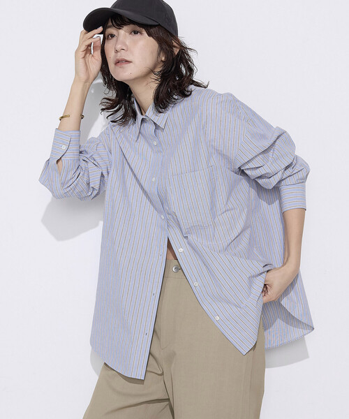 COMME CA Wardrobe(コムサワードローブ)の「〔 +サイズ 〕 オーガニックワッシャーストライプ シャツ(シャツ/ブラウス・レディース・ピンク/サックスブルー・13号)」の1枚目の写真