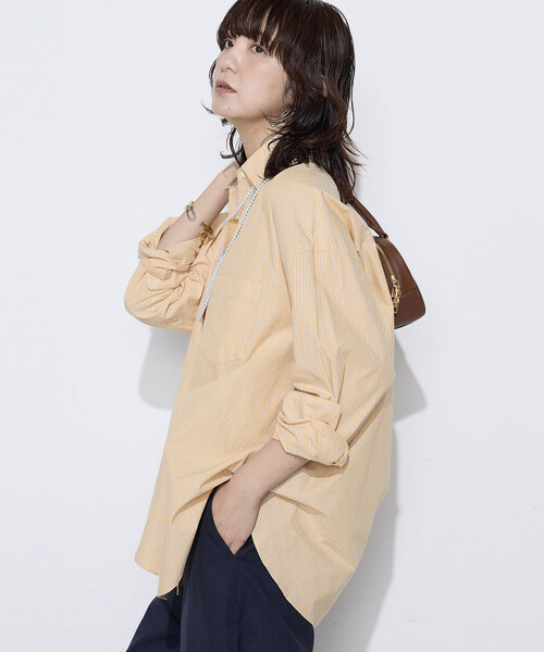 COMME CA Wardrobe(コムサワードローブ)の「〔 +サイズ 〕 オーガニックワッシャーストライプ シャツ(シャツ/ブラウス・レディース・ピンク/サックスブルー・13号)」の4枚目の写真