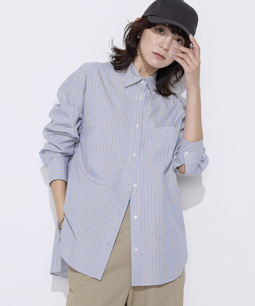 COMME CA Wardrobe(コムサワードローブ)の「〔 +サイズ 〕 オーガニックワッシャーストライプ シャツ(シャツ/ブラウス・レディース・ピンク/サックスブルー・13号)」の7枚目の写真