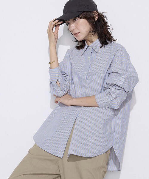 COMME CA Wardrobe(コムサワードローブ)の「〔 +サイズ 〕 オーガニックワッシャーストライプ シャツ(シャツ/ブラウス・レディース・ピンク/サックスブルー・13号)」の8枚目の写真