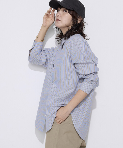 COMME CA Wardrobe(コムサワードローブ)の「〔 +サイズ 〕 オーガニックワッシャーストライプ シャツ(シャツ/ブラウス・レディース・ピンク/サックスブルー・13号)」の9枚目の写真