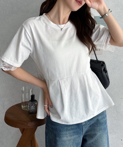 TREOVER(トレオーバー)の「レーススリーブウエストタックTシャツ(Tシャツ/カットソー・レディース・オフホワイト/ブラック・FREE)」の11枚目の写真