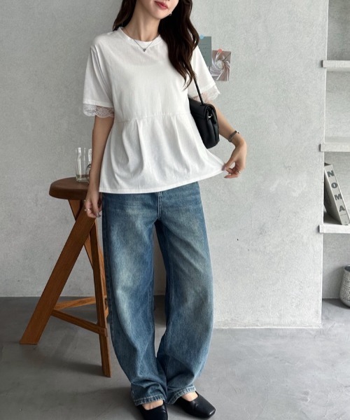 TREOVER(トレオーバー)の「レーススリーブウエストタックTシャツ(Tシャツ/カットソー・レディース・オフホワイト/ブラック・FREE)」の5枚目の写真