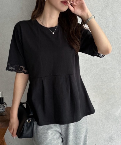 TREOVER(トレオーバー)の「レーススリーブウエストタックTシャツ(Tシャツ/カットソー・レディース・オフホワイト/ブラック・FREE)」の6枚目の写真