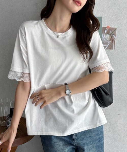 TREOVER(トレオーバー)の「レーススリーブウエストタックTシャツ(Tシャツ/カットソー・レディース・オフホワイト/ブラック・FREE)」の3枚目の写真