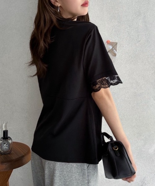 TREOVER(トレオーバー)の「レーススリーブウエストタックTシャツ(Tシャツ/カットソー・レディース・オフホワイト/ブラック・FREE)」の7枚目の写真