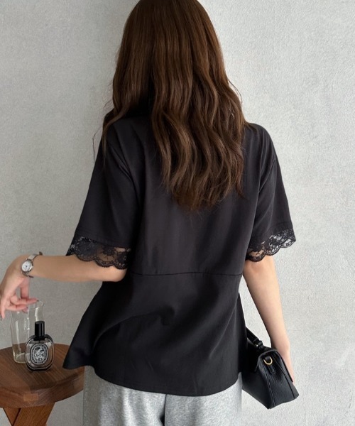 TREOVER(トレオーバー)の「レーススリーブウエストタックTシャツ(Tシャツ/カットソー・レディース・オフホワイト/ブラック・FREE)」の8枚目の写真