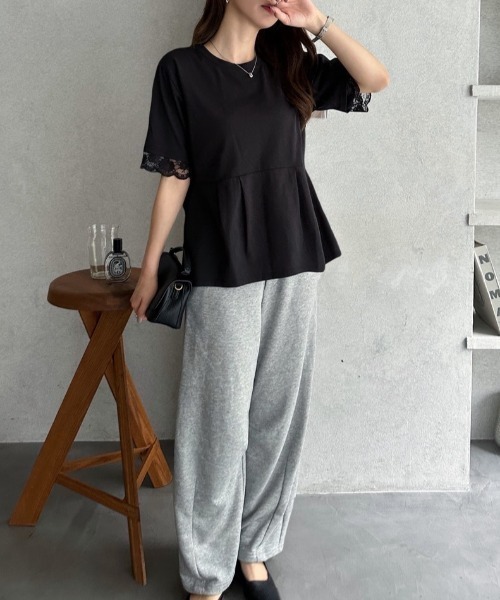 TREOVER(トレオーバー)の「レーススリーブウエストタックTシャツ(Tシャツ/カットソー・レディース・オフホワイト/ブラック・FREE)」の9枚目の写真