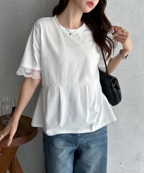 TREOVER(トレオーバー)の「レーススリーブウエストタックTシャツ(Tシャツ/カットソー・レディース・オフホワイト/ブラック・FREE)」の12枚目の写真