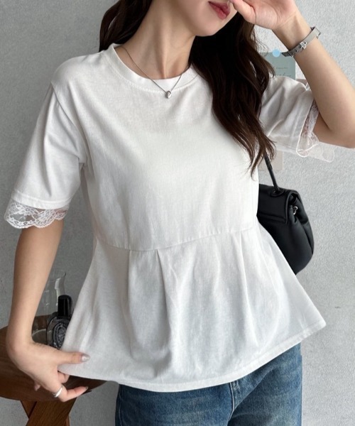 TREOVER(トレオーバー)の「レーススリーブウエストタックTシャツ(Tシャツ/カットソー・レディース・オフホワイト/ブラック・FREE)」の13枚目の写真
