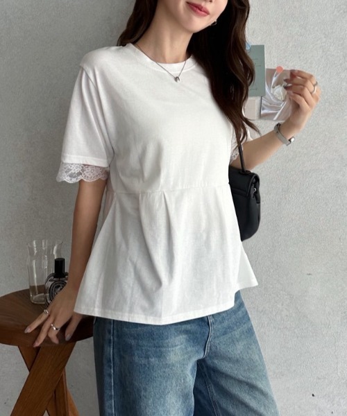 TREOVER(トレオーバー)の「レーススリーブウエストタックTシャツ(Tシャツ/カットソー・レディース・オフホワイト/ブラック・FREE)」の14枚目の写真