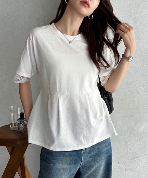 TREOVER(トレオーバー)の「レーススリーブウエストタックTシャツ(Tシャツ/カットソー・レディース・オフホワイト/ブラック・FREE)」の15枚目の写真