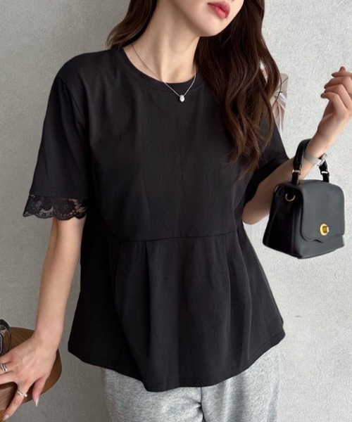 TREOVER(トレオーバー)の「レーススリーブウエストタックTシャツ(Tシャツ/カットソー・レディース・オフホワイト/ブラック・FREE)」の16枚目の写真