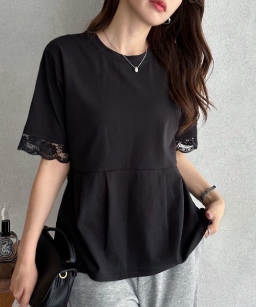 TREOVER(トレオーバー)の「レーススリーブウエストタックTシャツ(Tシャツ/カットソー・レディース・オフホワイト/ブラック・FREE)」の18枚目の写真