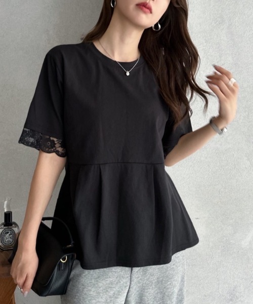TREOVER(トレオーバー)の「レーススリーブウエストタックTシャツ(Tシャツ/カットソー・レディース・オフホワイト/ブラック・FREE)」の19枚目の写真