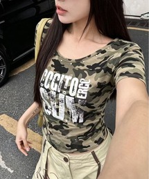 【 MEMECLE / メメクル 】スタッズデザインカモフラコンパクトTシャツ