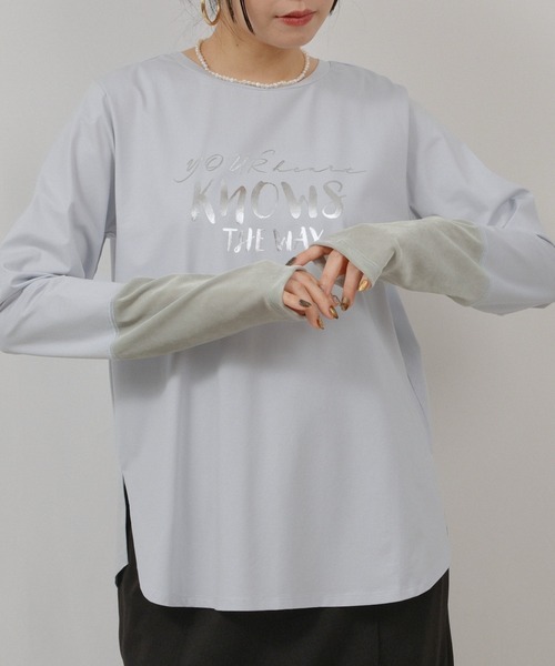 palm RICHE(ポームリシュ)の「箔プリントロゴロンT(Tシャツ/カットソー・レディース・ライトブルー/ブラック/オフホワイト・M)」の1枚目の写真