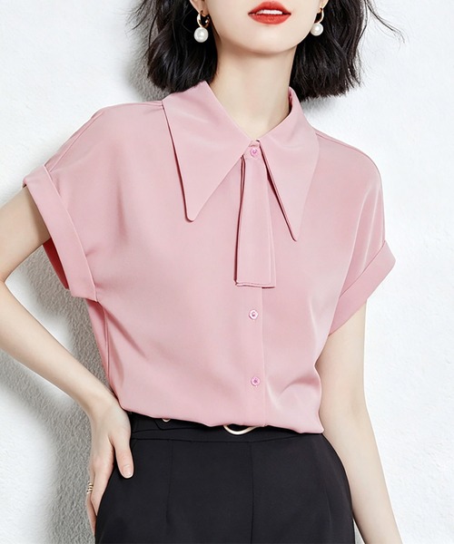 Doux Belle(ドゥーベル)の「配色襟付き半袖ブラウス(シャツ/ブラウス・レディース・ピンク/ブルー・MEDIUM/LARGE/X-LARGE)」の2枚目の写真