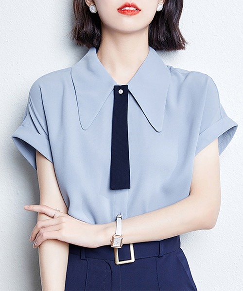 Doux Belle(ドゥーベル)の「配色襟付き半袖ブラウス(シャツ/ブラウス・レディース・ピンク/ブルー・MEDIUM/LARGE/X-LARGE)」の3枚目の写真