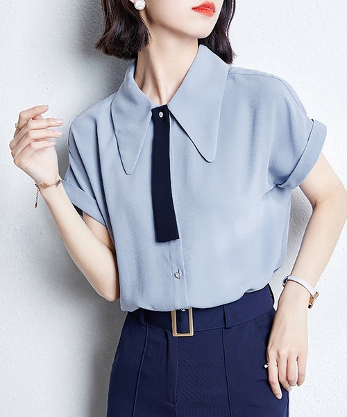 Doux Belle(ドゥーベル)の「配色襟付き半袖ブラウス(シャツ/ブラウス・レディース・ピンク/ブルー・MEDIUM/LARGE/X-LARGE)」の6枚目の写真