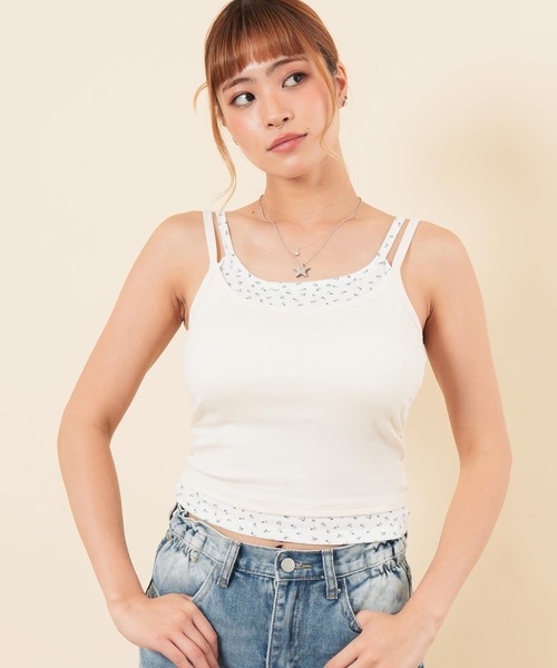 anap mimpi(アナップミンピ)の「カップ付き花柄レイヤード風リブキャミソール(キャミソール・レディース・アイボリー/グレー・F)」の2枚目の写真