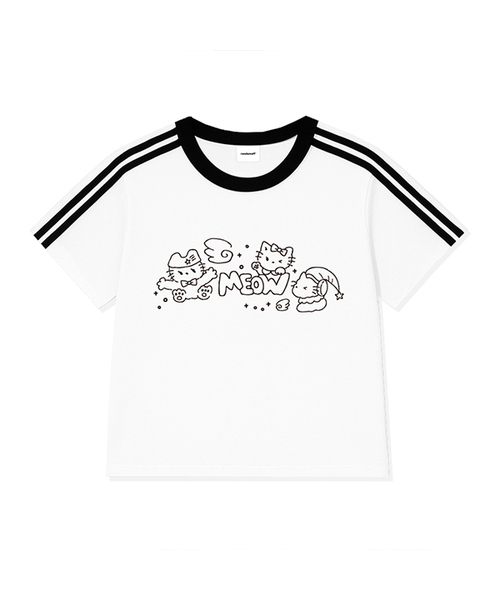 RANDOMOFF(ランダムオフ)の「MEOW KITTENS TRACK CROP T-SHIRT (5color)(Tシャツ/カットソー・レディース・ホワイト/スカイブルー/ライトピンク/ダークベージュ/ネイビー・FREE)」の1枚目の写真