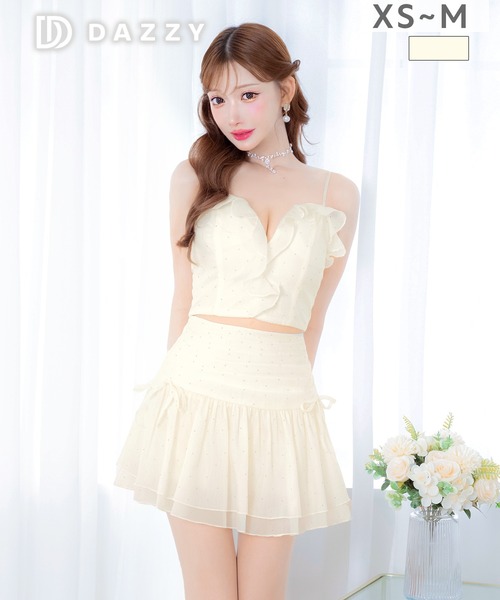DAZZY(デイジー)の「シフォンラメビジューAラインセットアップミニ丈キャバドレス(ドレス・レディース・アイボリー・S/XS)」の2枚目の写真
