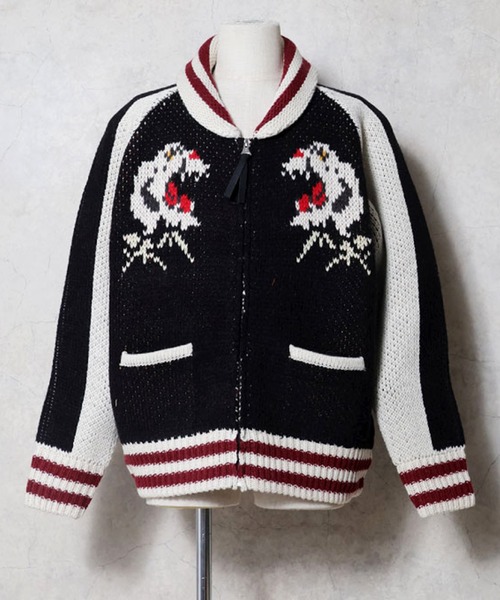 HOUSTON（ヒューストン）の「HOUSTON ヒューストン SOUVENIR COWICHAN SWEATER（TIGER） / カウチンセーター スカジャン風 ニット カーディガン（カーディガン/ボレロ・メンズ・ブラック/ブルー/グリーン・M/L/XL）」の9枚目の写真
