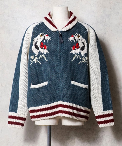 HOUSTON（ヒューストン）の「HOUSTON ヒューストン SOUVENIR COWICHAN SWEATER（TIGER） / カウチンセーター スカジャン風 ニット カーディガン（カーディガン/ボレロ・メンズ・ブラック/ブルー/グリーン・M/L/XL）」の7枚目の写真