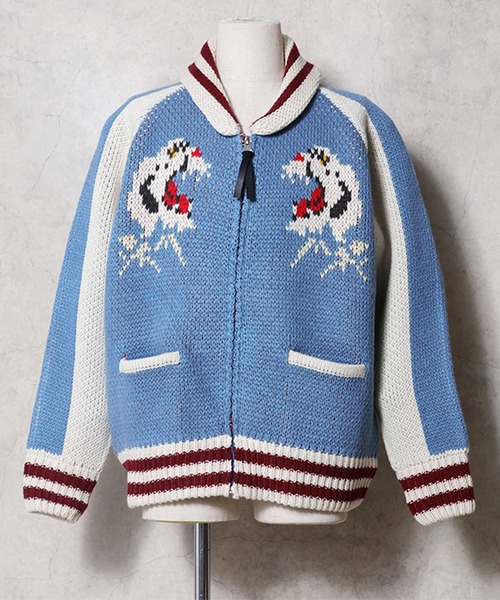 HOUSTON（ヒューストン）の「HOUSTON ヒューストン SOUVENIR COWICHAN SWEATER（TIGER） / カウチンセーター スカジャン風 ニット カーディガン（カーディガン/ボレロ・メンズ・ブラック/ブルー/グリーン・M/L/XL）」の5枚目の写真