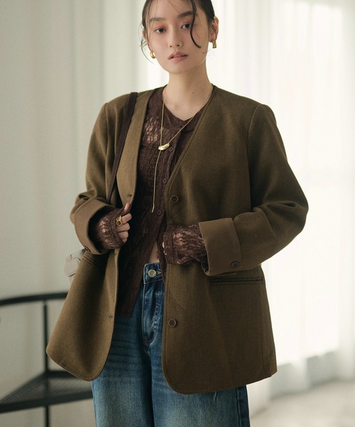 LAULEN(ローレン)の「no collar single jacket /ノーカラーシングルジャケット(ノーカラージャケット・レディース・ブラウン/グレー・FREE)」の1枚目の写真