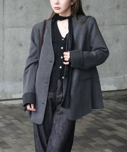 LAULEN(ローレン)の「no collar single jacket /ノーカラーシングルジャケット(ノーカラージャケット・レディース・ブラウン/グレー・FREE)」の2枚目の写真