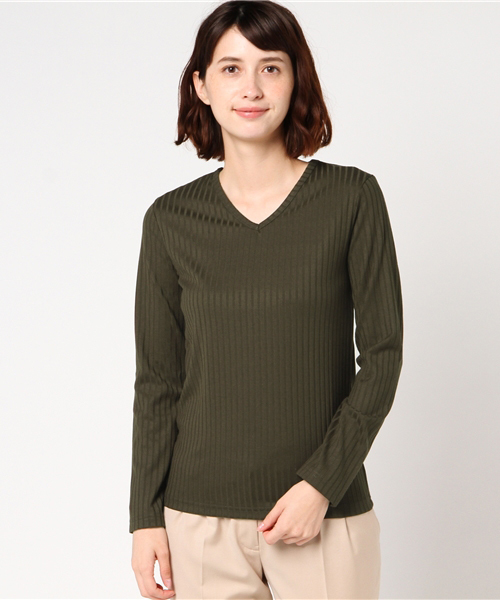 Honeys（ハニーズ）の「テレコ素材ＶネックロングＴシャツ（Tシャツ/カットソー・レディース・ブラック/ブルー/ピンク/カーキ/チャコール/オフホワイト・L/LL/M）」の4枚目の写真