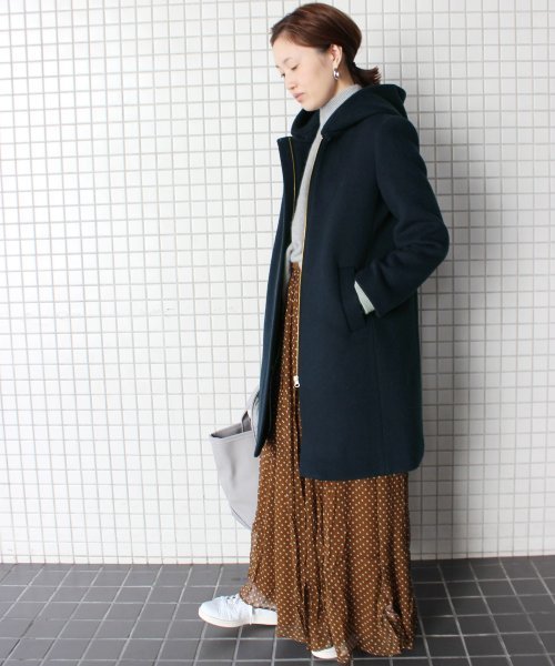 スローブイエナ フード ウールコート Aライン ツィード ネイビー セール】コンパクトAラインフードコート◇（その他アウター）｜SLOBE