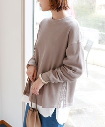 ワッフル長袖サイドボタンTシャツ