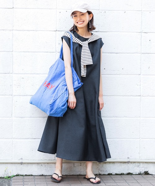 coca(coca)(コカ)の「リネンライクフレンチスリーブロングワンピ(ワンピース・レディース・ベージュ/ネイビー・M/L)」の2枚目の写真
