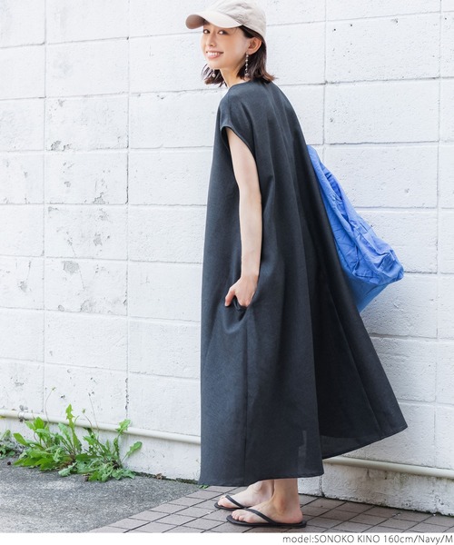 coca(coca)(コカ)の「リネンライクフレンチスリーブロングワンピ(ワンピース・レディース・ベージュ/ネイビー・M/L)」の12枚目の写真