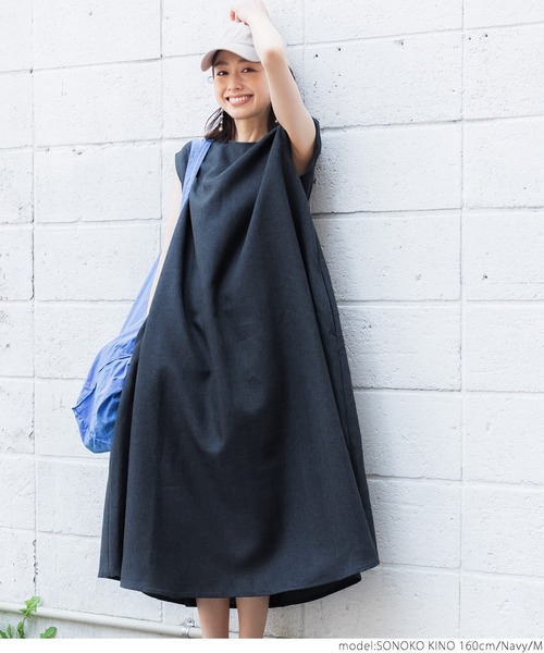 coca(coca)(コカ)の「リネンライクフレンチスリーブロングワンピ(ワンピース・レディース・ベージュ/ネイビー・M/L)」の14枚目の写真