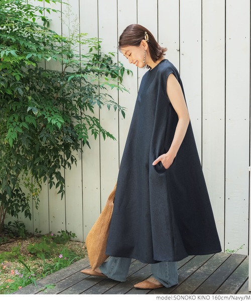coca(coca)(コカ)の「リネンライクフレンチスリーブロングワンピ(ワンピース・レディース・ベージュ/ネイビー・M/L)」の16枚目の写真