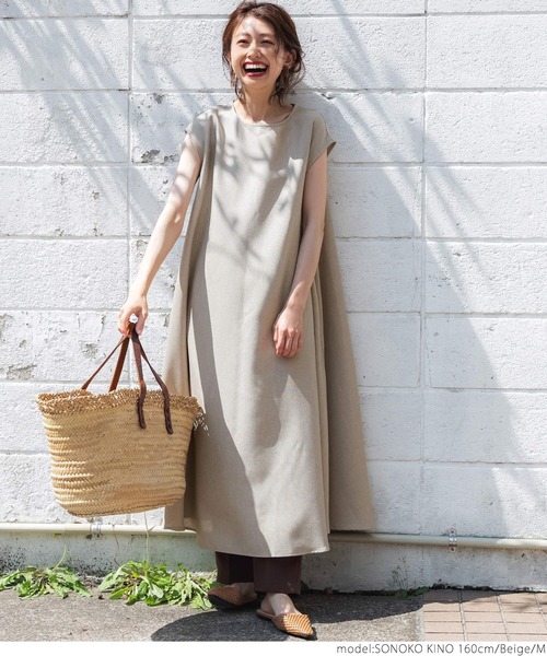 coca(coca)(コカ)の「リネンライクフレンチスリーブロングワンピ(ワンピース・レディース・ベージュ/ネイビー・M/L)」の4枚目の写真