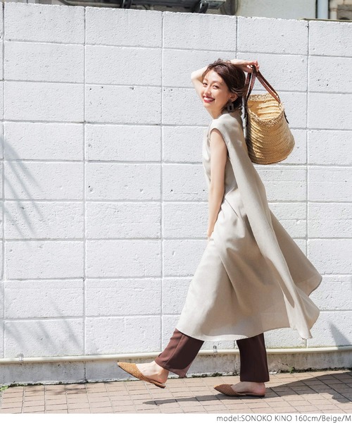TICCAティッカ　リネンコットンストライプ柄フレンチスリーブロングワンピース 美品TICCAティッカ リネン コットンフレンチスリーブ シャツ